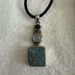 sterling silver, drusy quartz, moonstone and onyx pendant w/ silk necklace